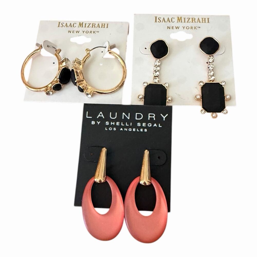 Designer Statement Earrings Bundle Isaac Mizrahi Laundry Black Pink Gold 3 Pair